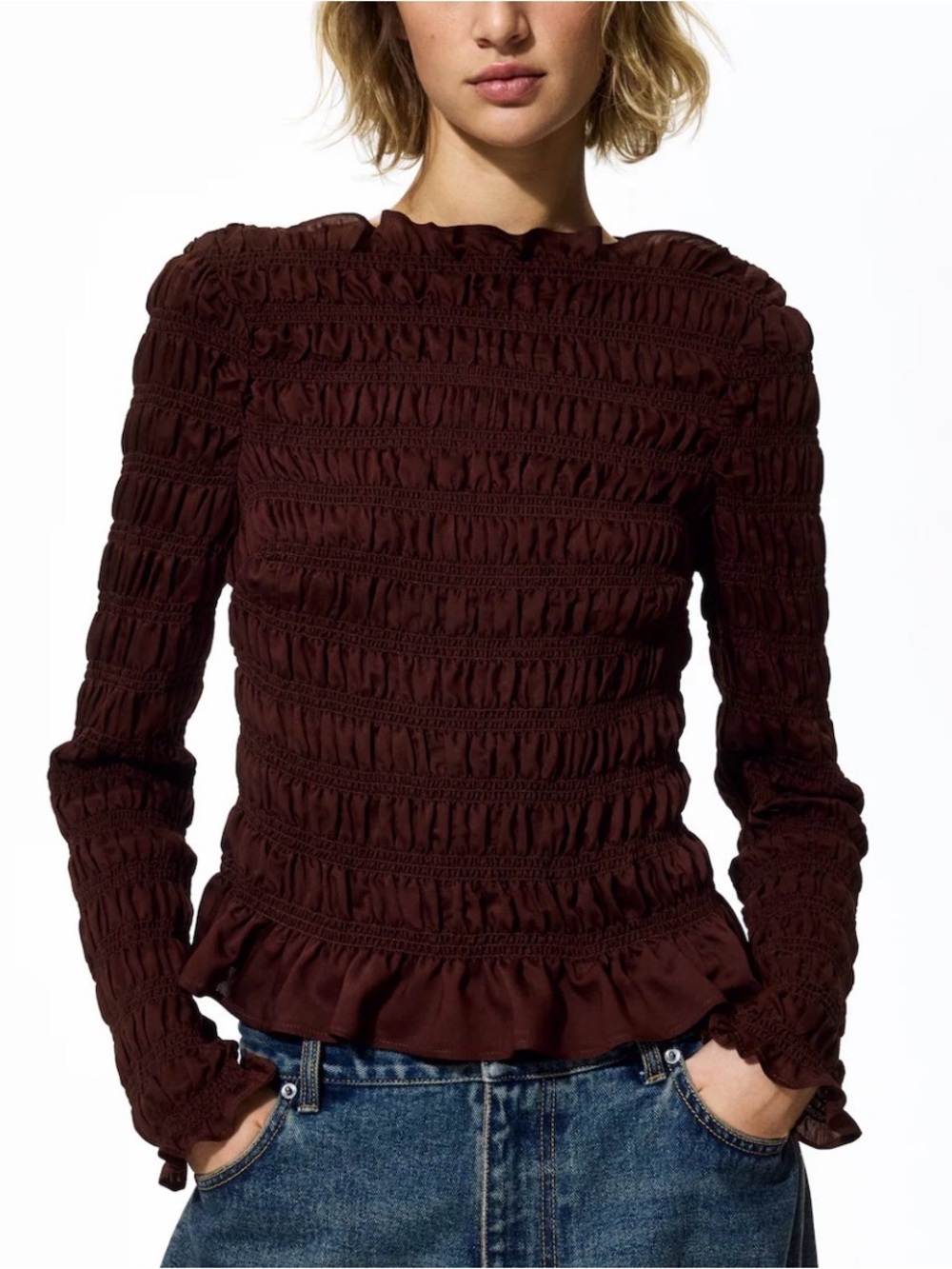 NWT H&M • Maroon/Burgundy Smocked Long-Sleeve Top